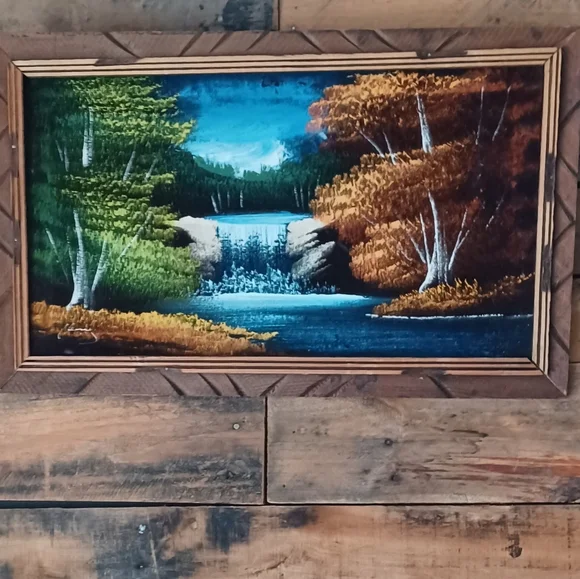 Pair (2) Velvet Landscape Paintings Waterfall Lake Trees Frame MCM Retro EUC